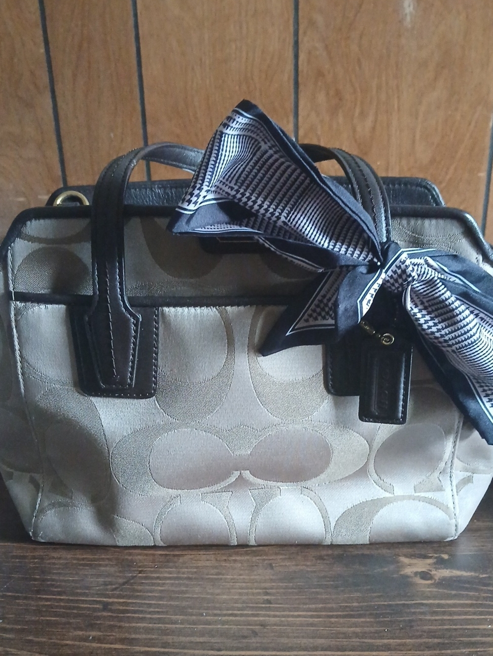 Coach Khaki Signature Satchel with Black Trim and Scarf Accent